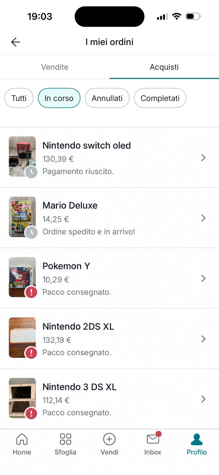 La pagina degli acquisti in corso, dopo