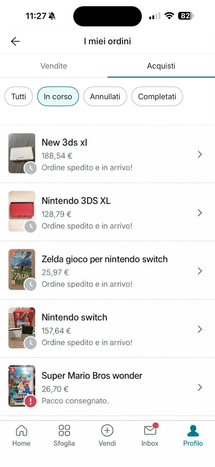 La pagina degli acquisti in corso, prima